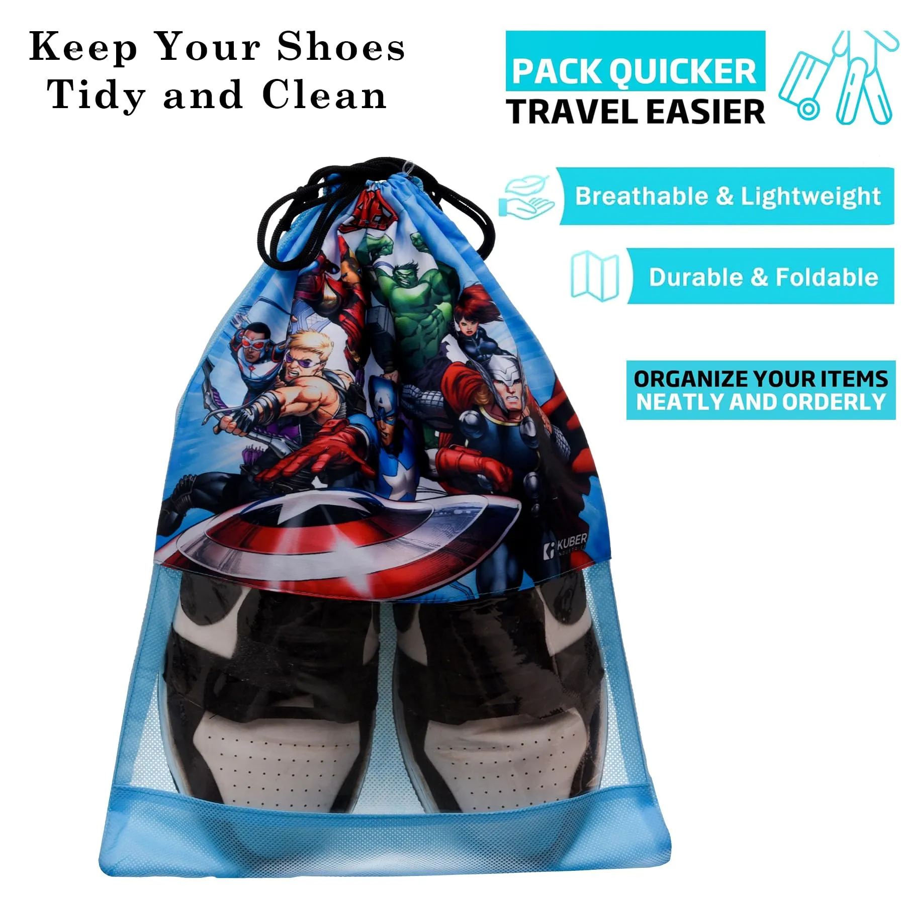 Kuber Industries Marvel Avengers Shoe Cover | Travel Shoe Storage Bags | Polyester Storage Bag | Drawstring Shoe Cover | Shoe Organizer with Clear Window | Pack of 6 | Multi