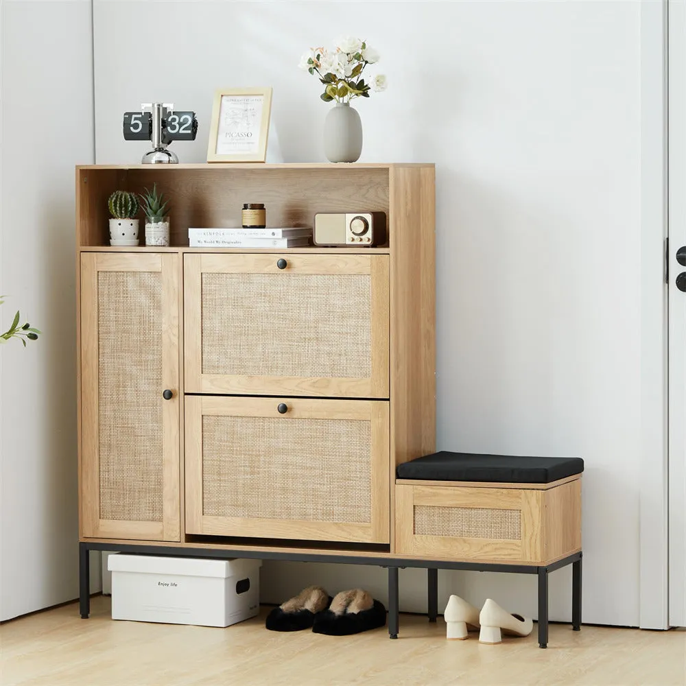 Large 18 Pair Shoe Storage Cabinet with 2 Flip Drawers and Shoe Bench