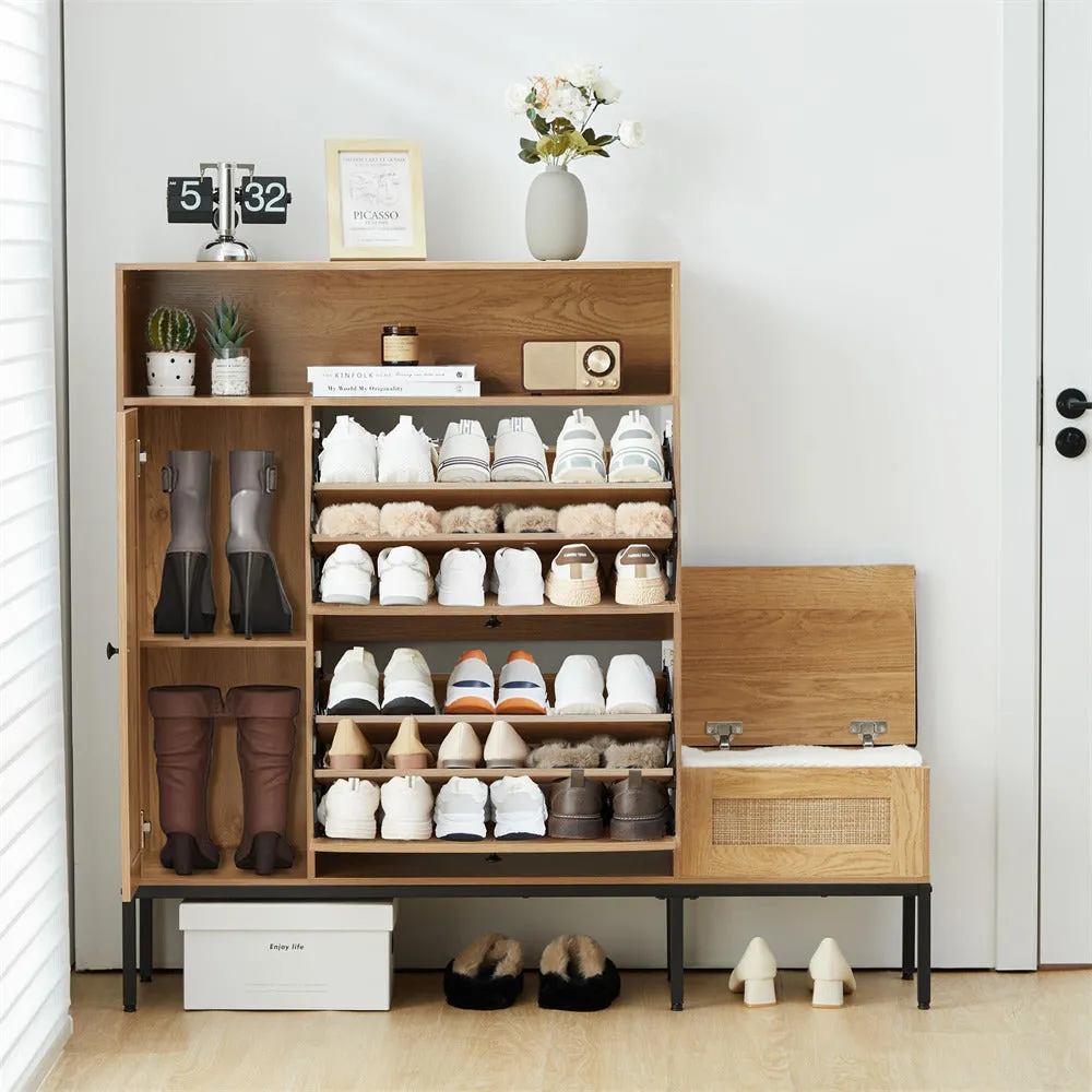 Large 18 Pair Shoe Storage Cabinet with 2 Flip Drawers and Shoe Bench