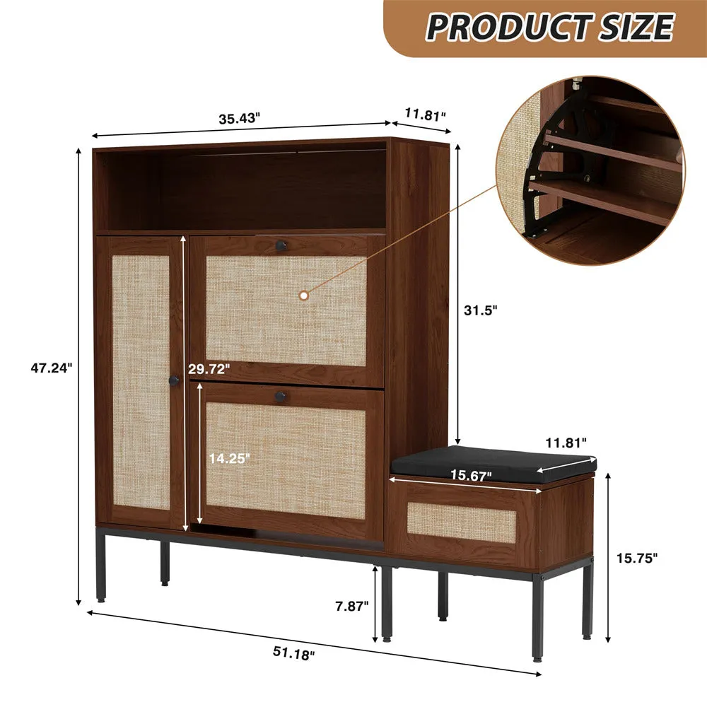 Large 18 Pair Shoe Storage Cabinet with 2 Flip Drawers and Shoe Bench