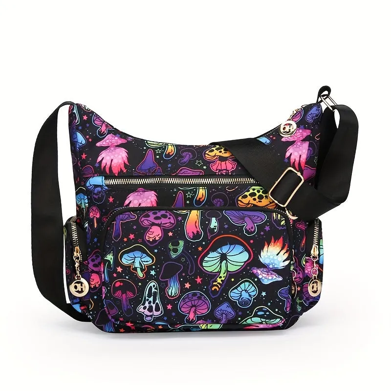 Large Capacity Fashionable Crossbody Handbag - Stylish Floral & Mushroom Prints, Versatile Multi-Pocket Design, Adjustable Strap for Custom Fit