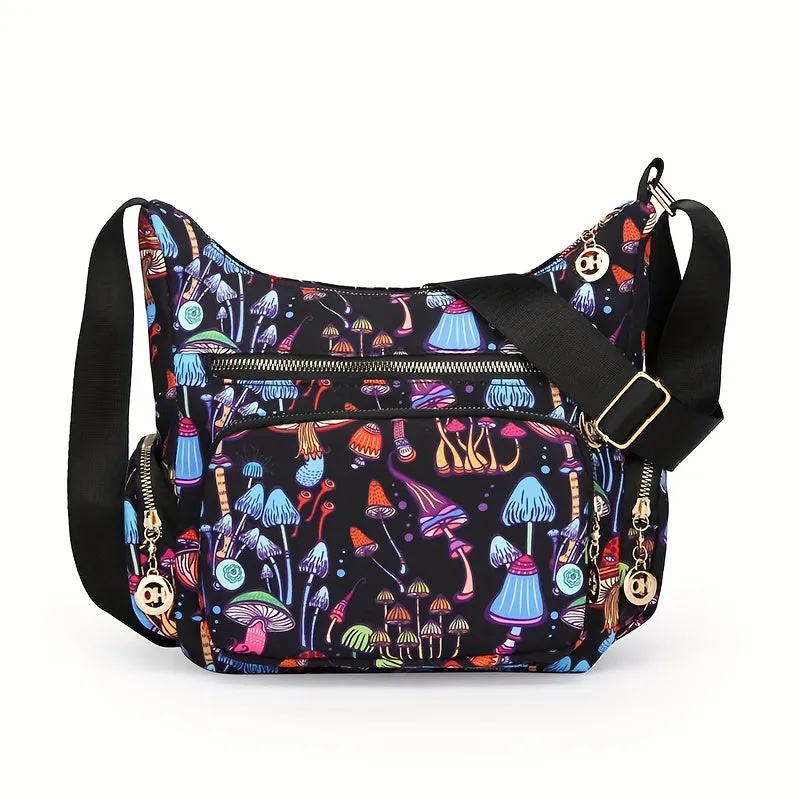 Large Capacity Fashionable Crossbody Handbag - Stylish Floral & Mushroom Prints, Versatile Multi-Pocket Design, Adjustable Strap for Custom Fit