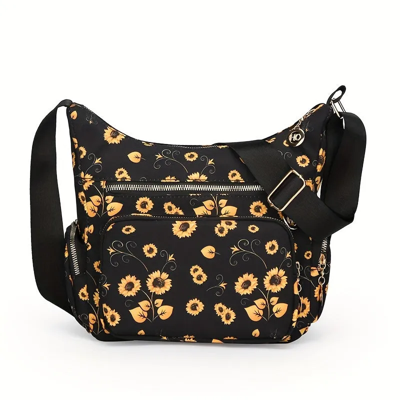 Large Capacity Fashionable Crossbody Handbag - Stylish Floral & Mushroom Prints, Versatile Multi-Pocket Design, Adjustable Strap for Custom Fit