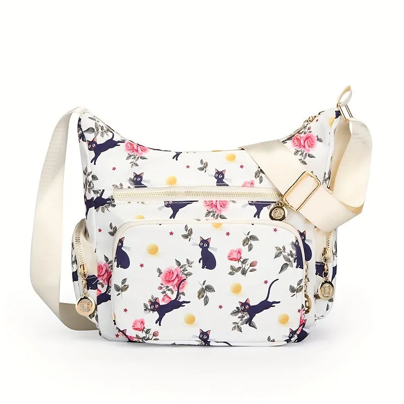 Large Capacity Fashionable Crossbody Handbag - Stylish Floral & Mushroom Prints, Versatile Multi-Pocket Design, Adjustable Strap for Custom Fit