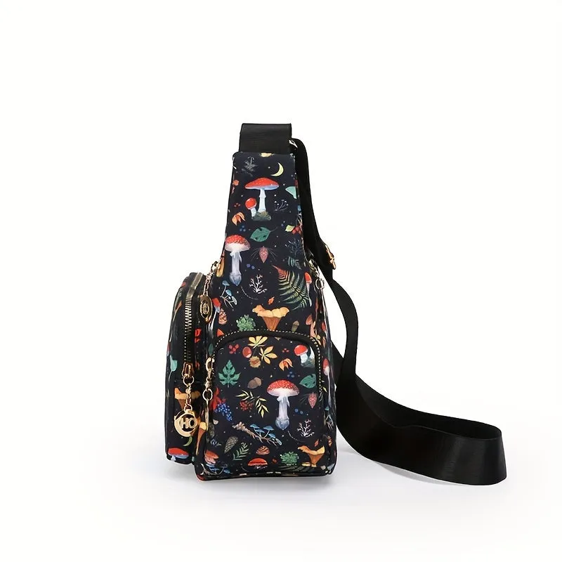 Large Capacity Fashionable Crossbody Handbag - Stylish Floral & Mushroom Prints, Versatile Multi-Pocket Design, Adjustable Strap for Custom Fit