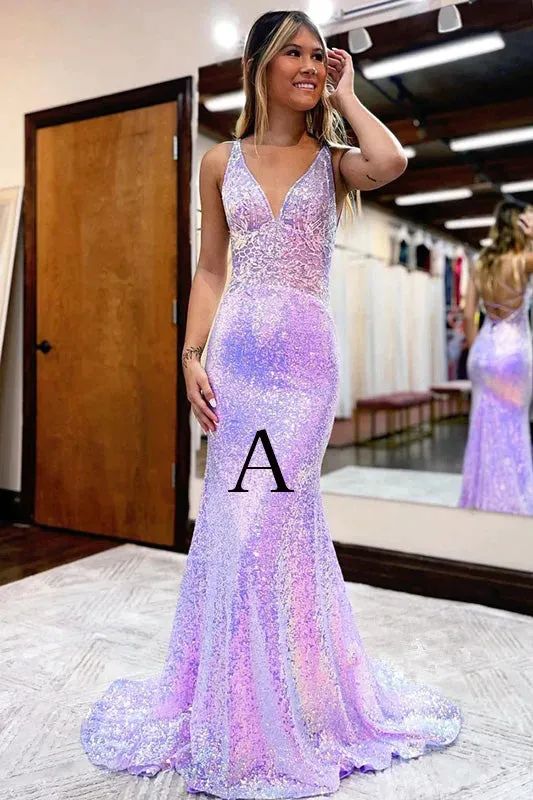 Lavender V Neck Mermaid Prom Dress, Sparkly Sequined Long Evening Gown UQP0206