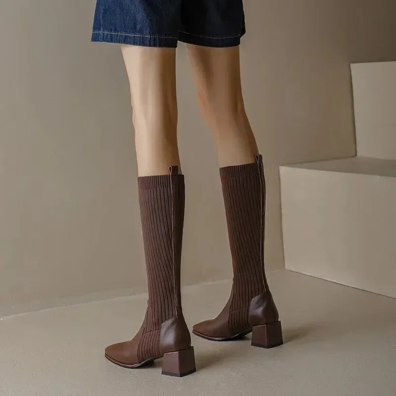 Lia Knee High Trendy Sock Leather Boots