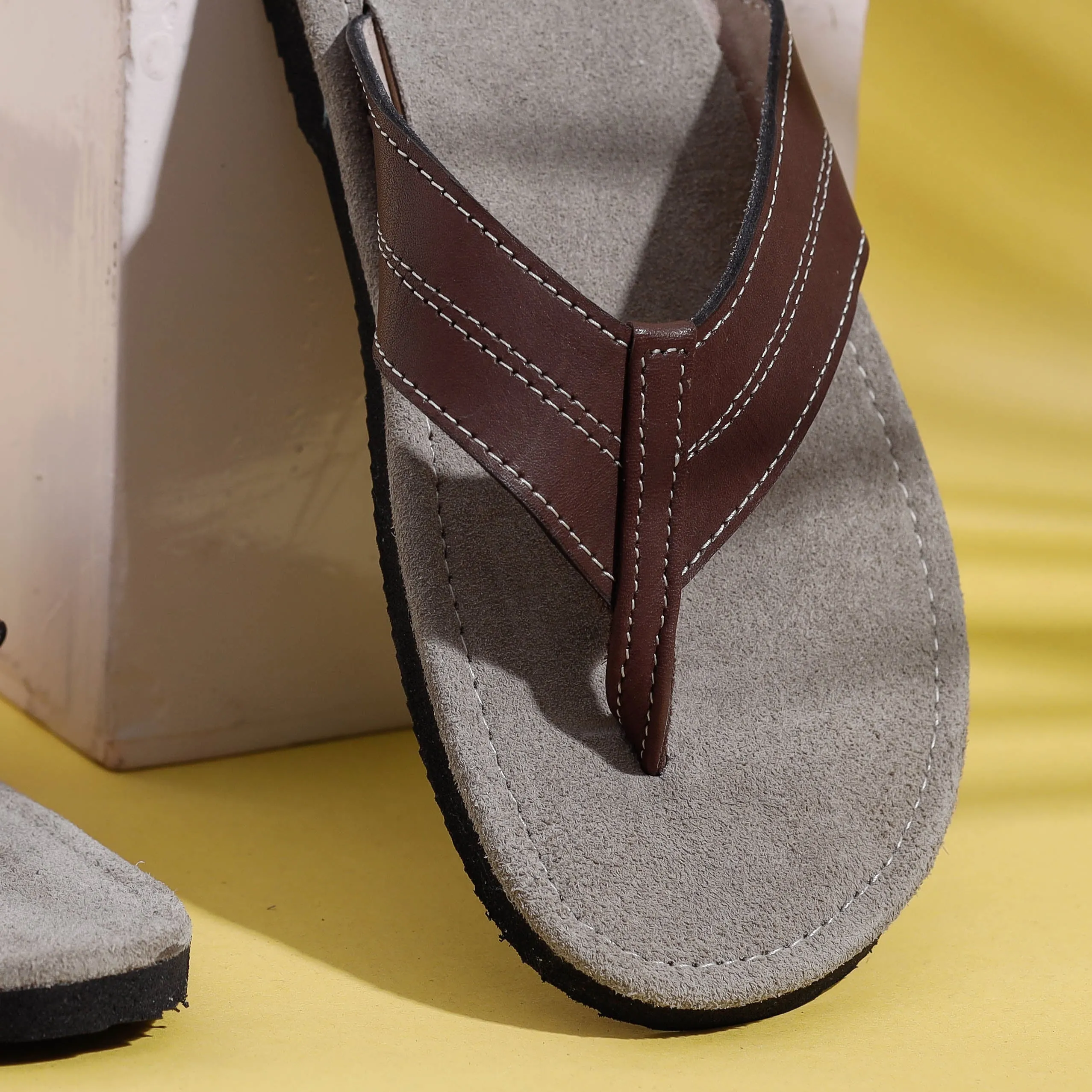 Light Grey & Brown Handcrafted Men's Leather Slippers with Suede