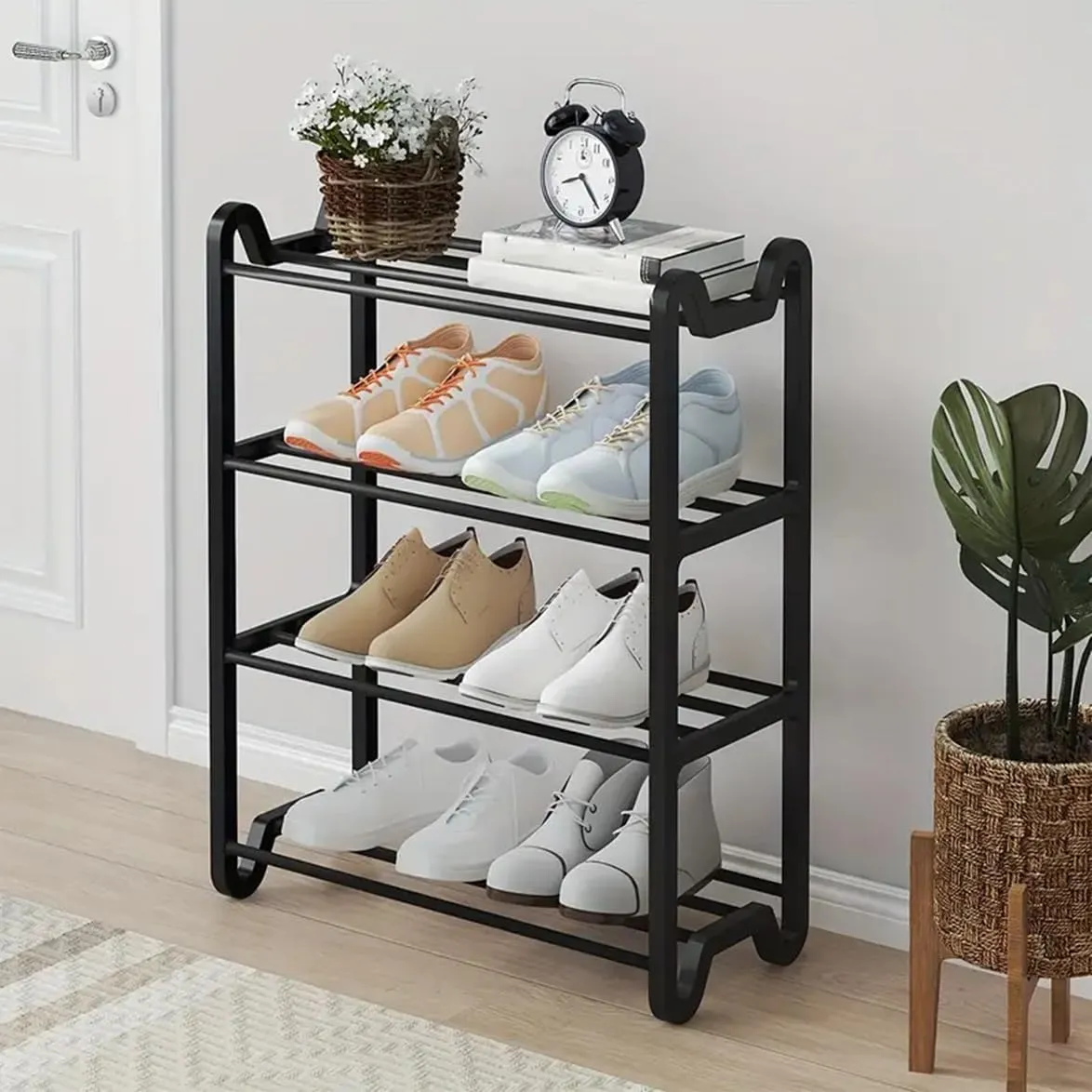 Lukzer Multi-Purpose 4 Layer Shoe Rack Detachable Open Book Shelf Storage Holder Organizer Stand (Unique Feet Design/Black/57.7 X 45.5 X 20Cm) - Plastic