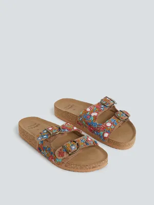 LUNA BLU Beige Floral-Embroidered Artisanal Slides