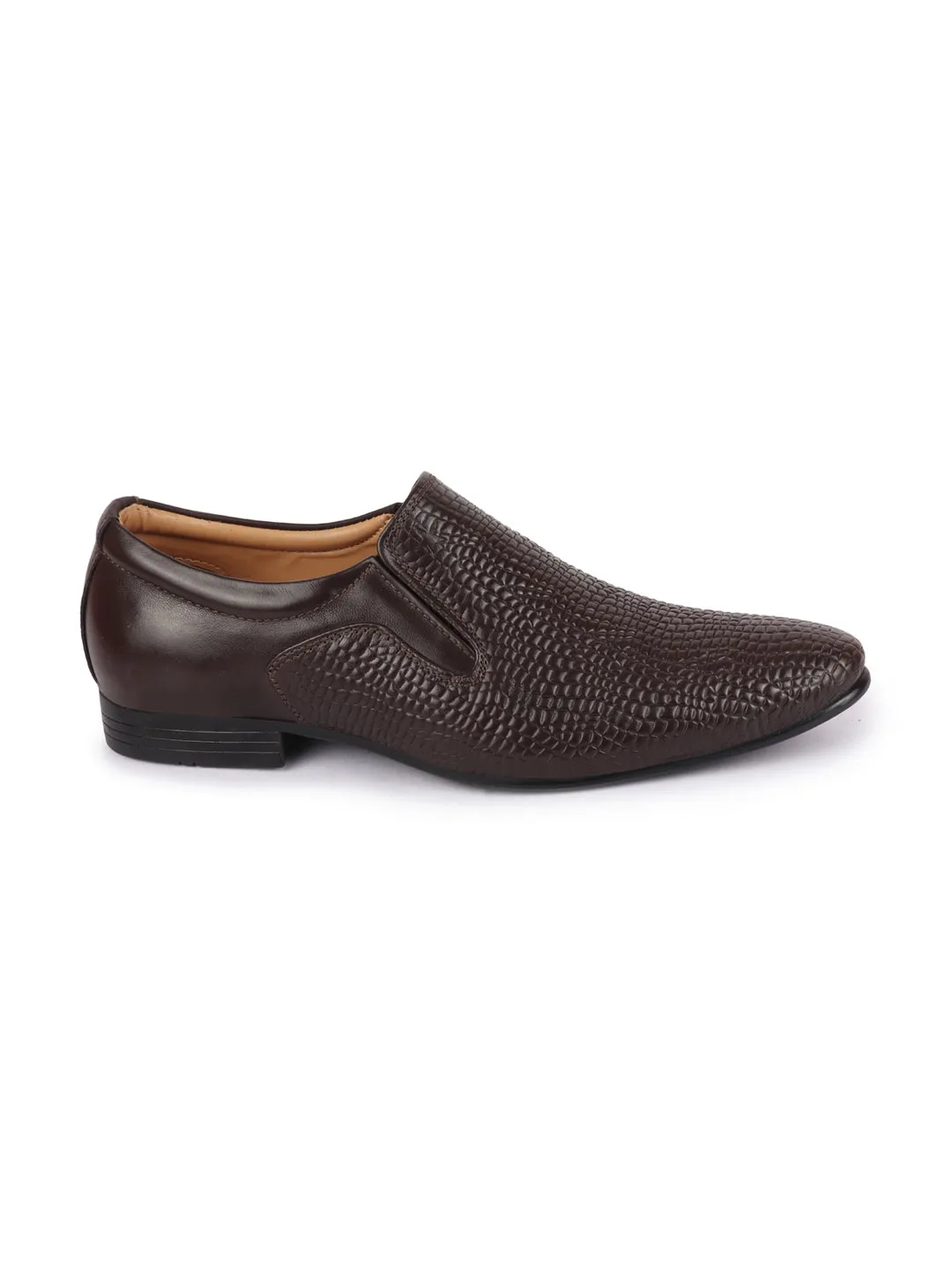 Men Brown Embossed Design Formal Leather Slip On Shoes