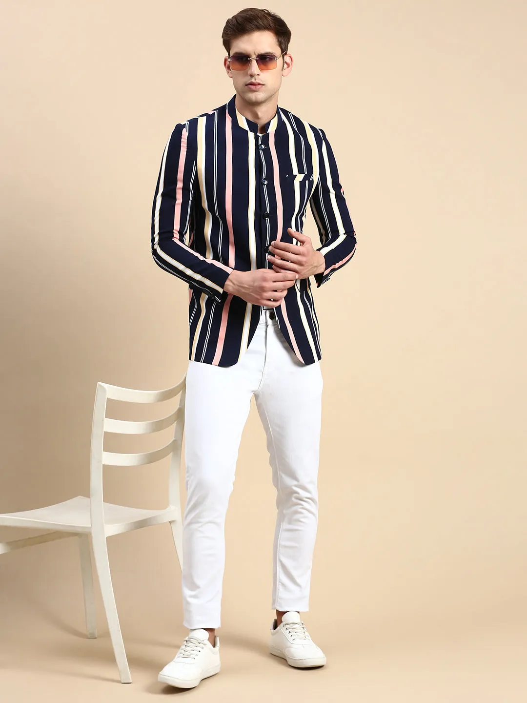 Men Navy Striped Party Blazer