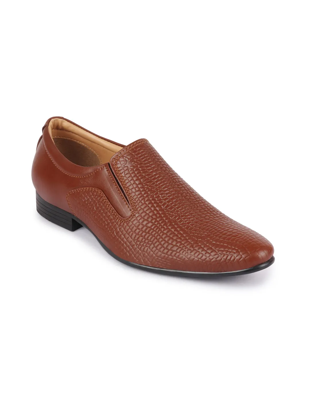 Men Tan Embossed Design Formal Leather Slip On Shoes