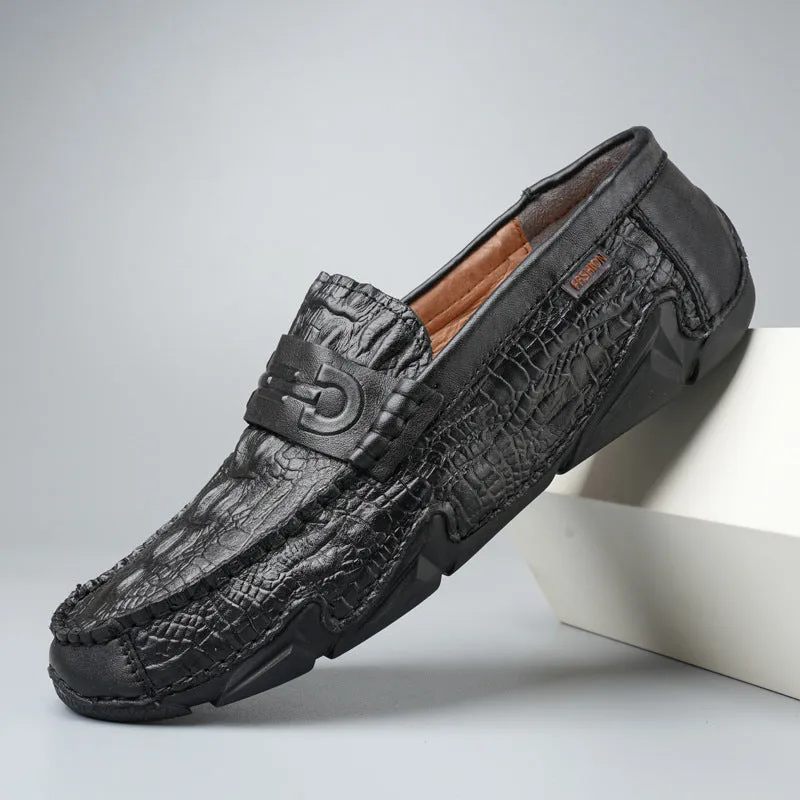 MEN'S CASUAL CROCODILE PATTERNED CONVENIENT LEG FITTING BEAN LEATHER SHOES