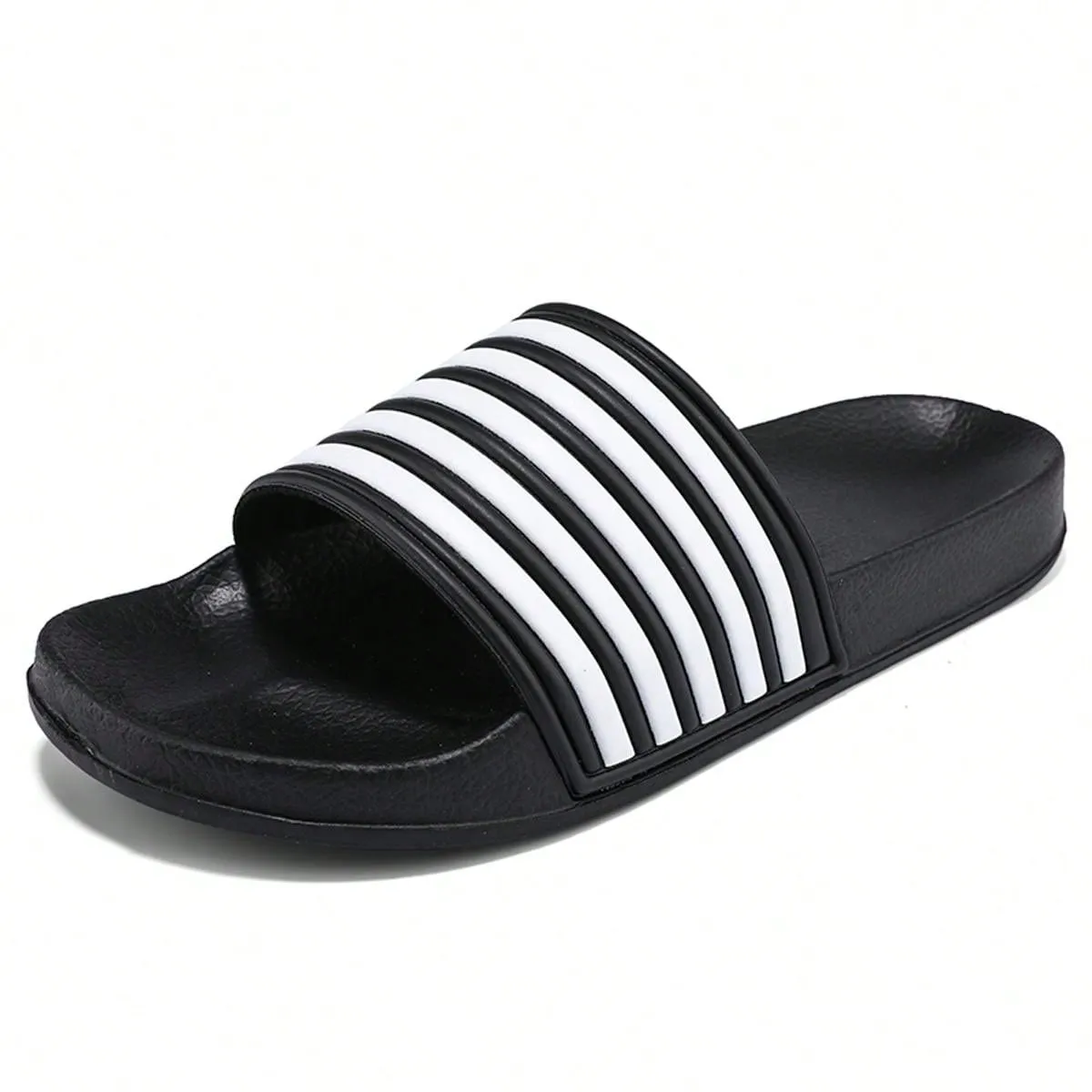 Men's Plus Size Black And White Striped Slippers For Summer, Fashionable Waterproof And Odor-Resistant House Slippers For Indoor And Outdoor Use, Beach Slides