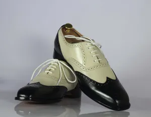 Men's Wing Tip Shoes, Men's Off White Black Leather Lace Up Shoes.