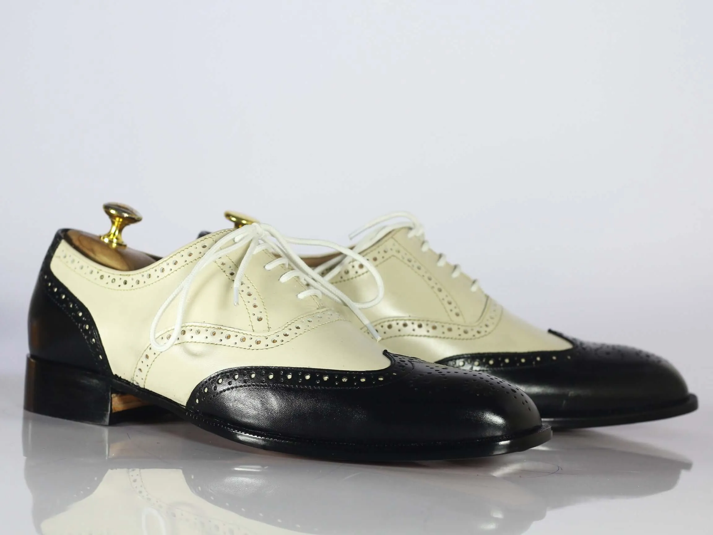 Men's Wing Tip Shoes, Men's Off White Black Leather Lace Up Shoes.