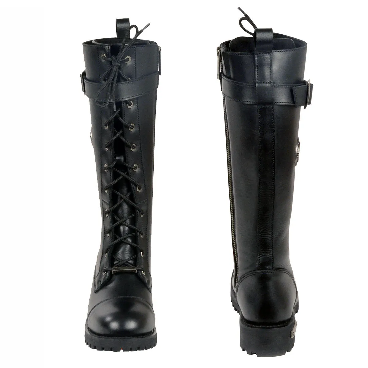 Milwaukee Leather MBL9355 Women's Black 14-inch Lace-Up High-Rise Leather Boots with Calf Buckle