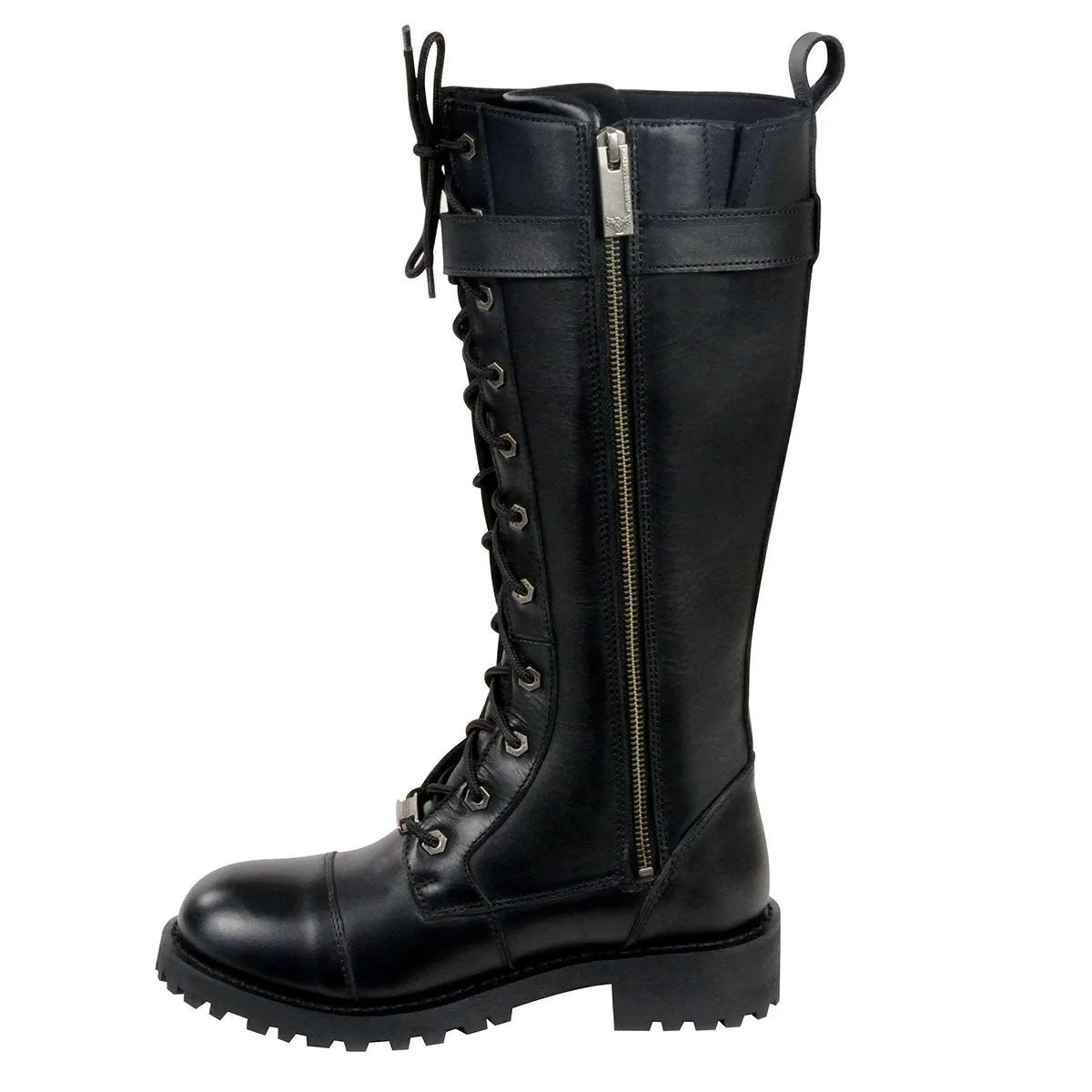 Milwaukee Leather MBL9355 Women's Black 14-inch Lace-Up High-Rise Leather Boots with Calf Buckle