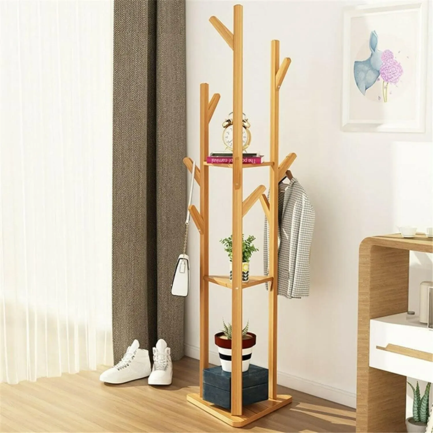 Modern Bamboo Clothing Rack with 9 Hooks & 3-Tier Shelves