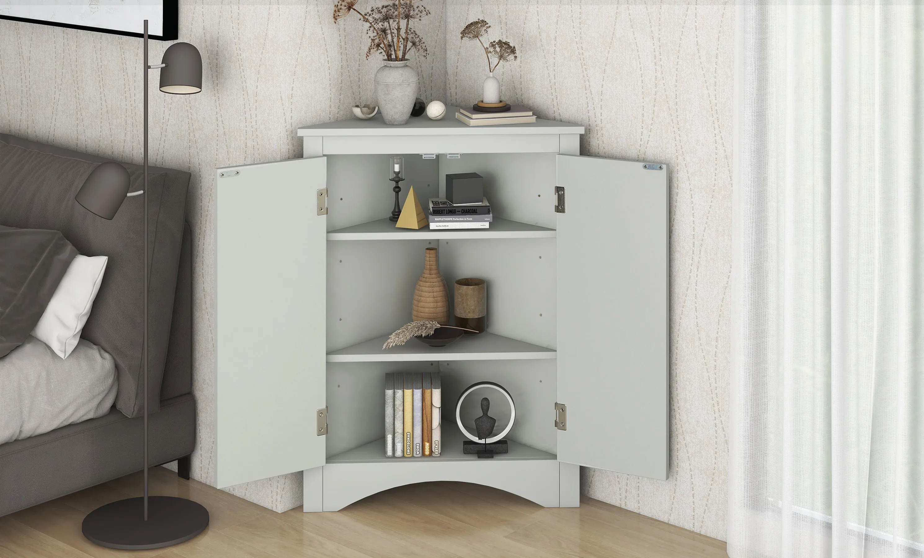 Modern Triangle Corner Cabinet -  Gray