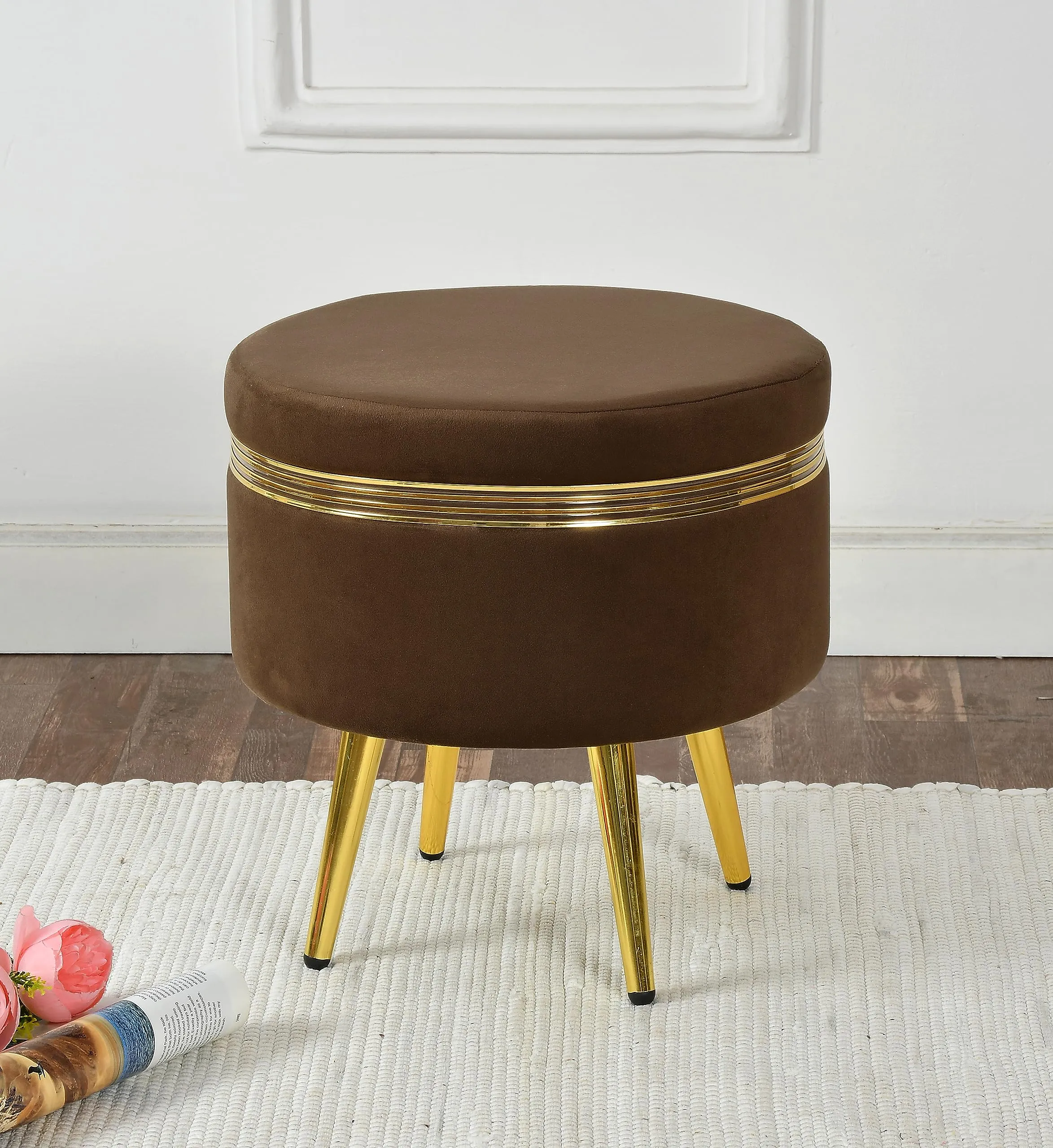 NACIA Ottoman Stool for Living Room Golden Metal Legs Furniture Footrest for Sofa Dressing Table srool, Sitting Pouffes for Home Decor, 16x16x17 Inches, Coffee