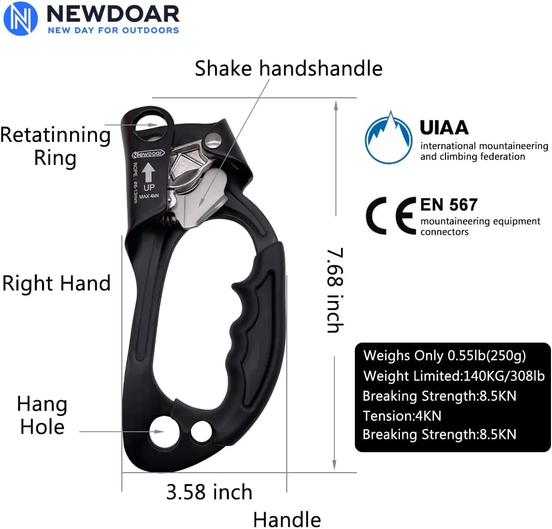 NewDoar UIAA & CE Certified Right Hand Ascender for 8~12MM Rope - Pro Black