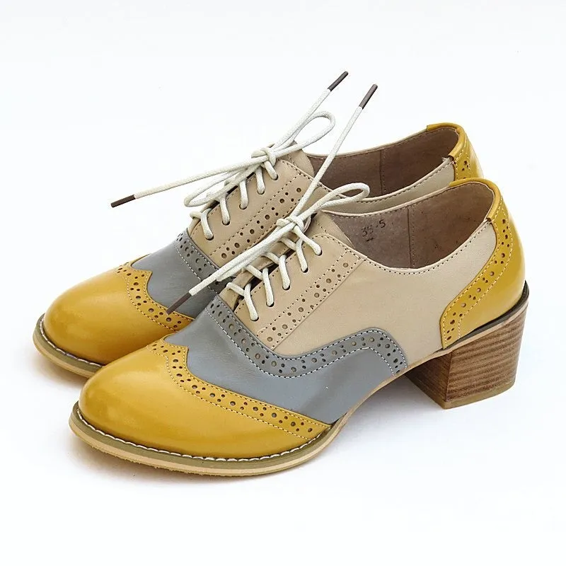 Patchwork Lace-up Multi-color Vegan Leather Thick Heels Oxford Shoes