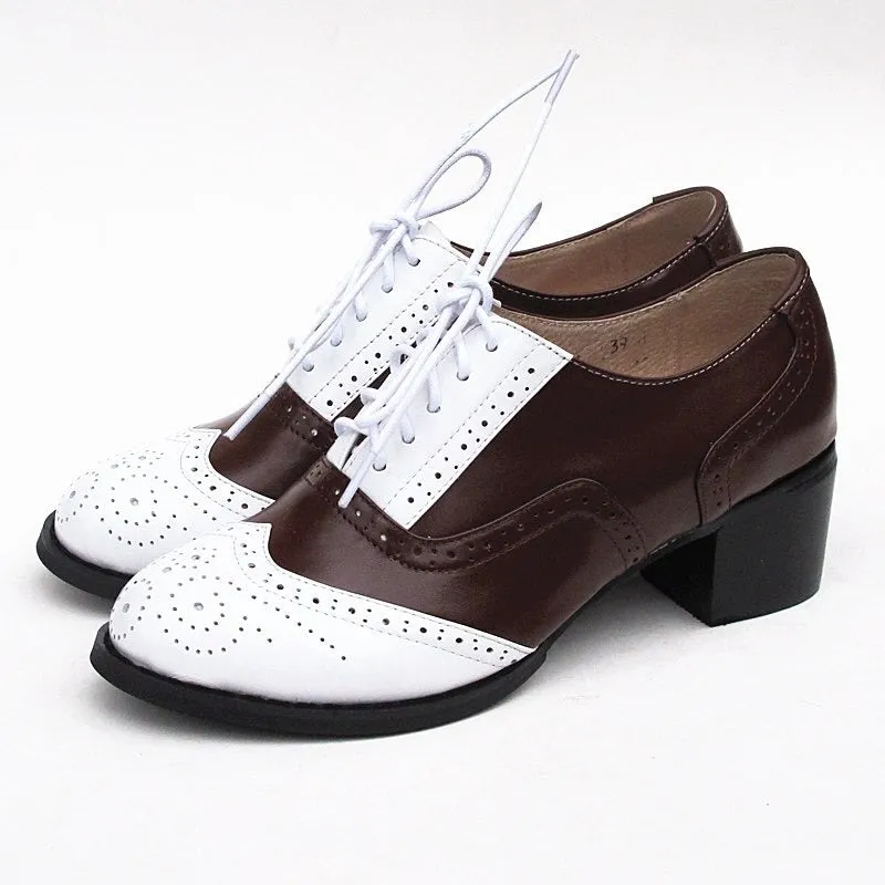 Patchwork Lace-up Multi-color Vegan Leather Thick Heels Oxford Shoes