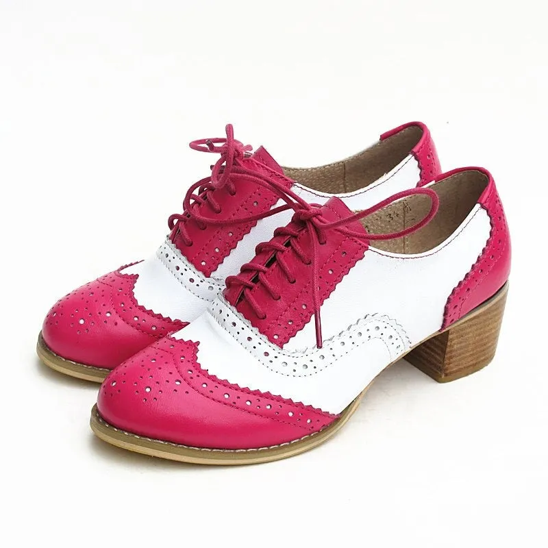 Patchwork Lace-up Multi-color Vegan Leather Thick Heels Oxford Shoes