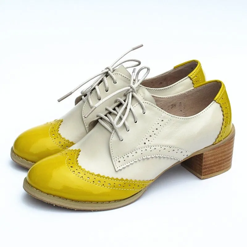 Patchwork Lace-up Multi-color Vegan Leather Thick Heels Oxford Shoes