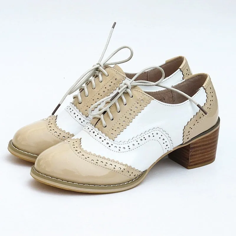 Patchwork Lace-up Multi-color Vegan Leather Thick Heels Oxford Shoes