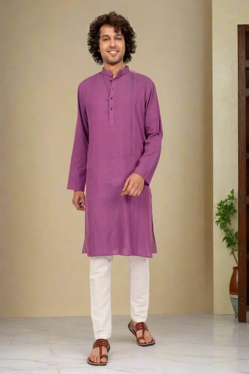 Purple Cross Color Pintucked Mens Kurta