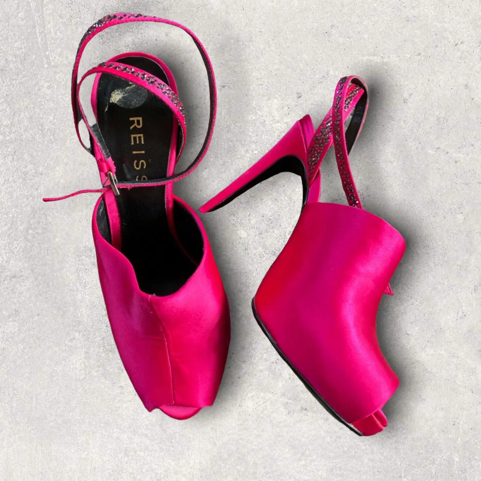 Reiss Ladies Fuschia Pink Satin Stiletto Crystal Peep Toe Shoes UK 6  RRP £169