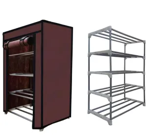 SANAMSTORE Metal 4 Tier Rack Shoe/Clothes/Books Stand Rack With Cover For Home (Need To Be Assemble-Diy) -Brown, 30 X 55 X 75 CM