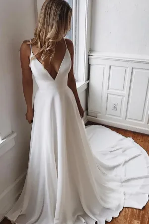 Simple A-line Ivory V-neck Spaghetti Straps Long Wedding Dress UQW0030