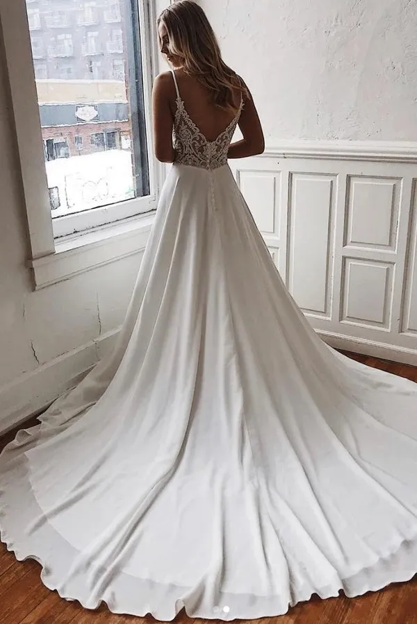 Simple A-line Ivory V-neck Spaghetti Straps Long Wedding Dress UQW0030