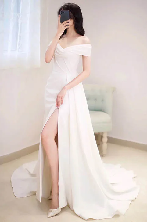 Simple Ivory Off the Shoulder Side Slit Satin Long Wedding Dress, Elegant Bridal Gown UQW0048