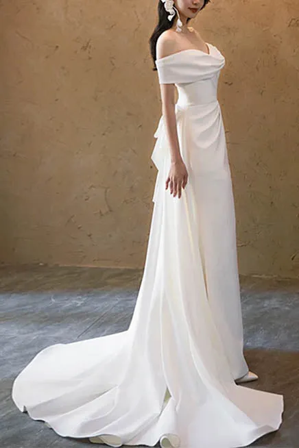 Simple Ivory Off the Shoulder Side Slit Satin Long Wedding Dress, Elegant Bridal Gown UQW0048