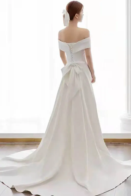 Simple Ivory Off the Shoulder Side Slit Satin Long Wedding Dress, Elegant Bridal Gown UQW0048