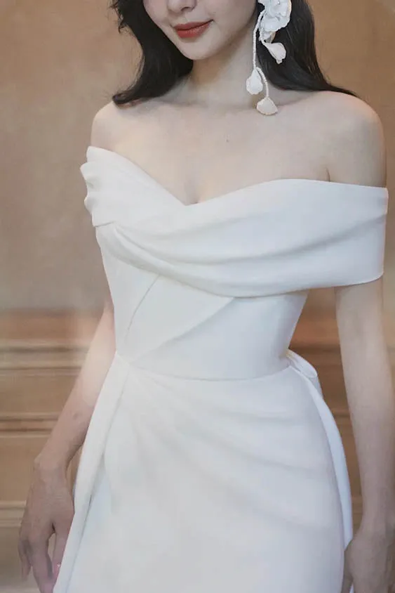 Simple Ivory Off the Shoulder Side Slit Satin Long Wedding Dress, Elegant Bridal Gown UQW0048