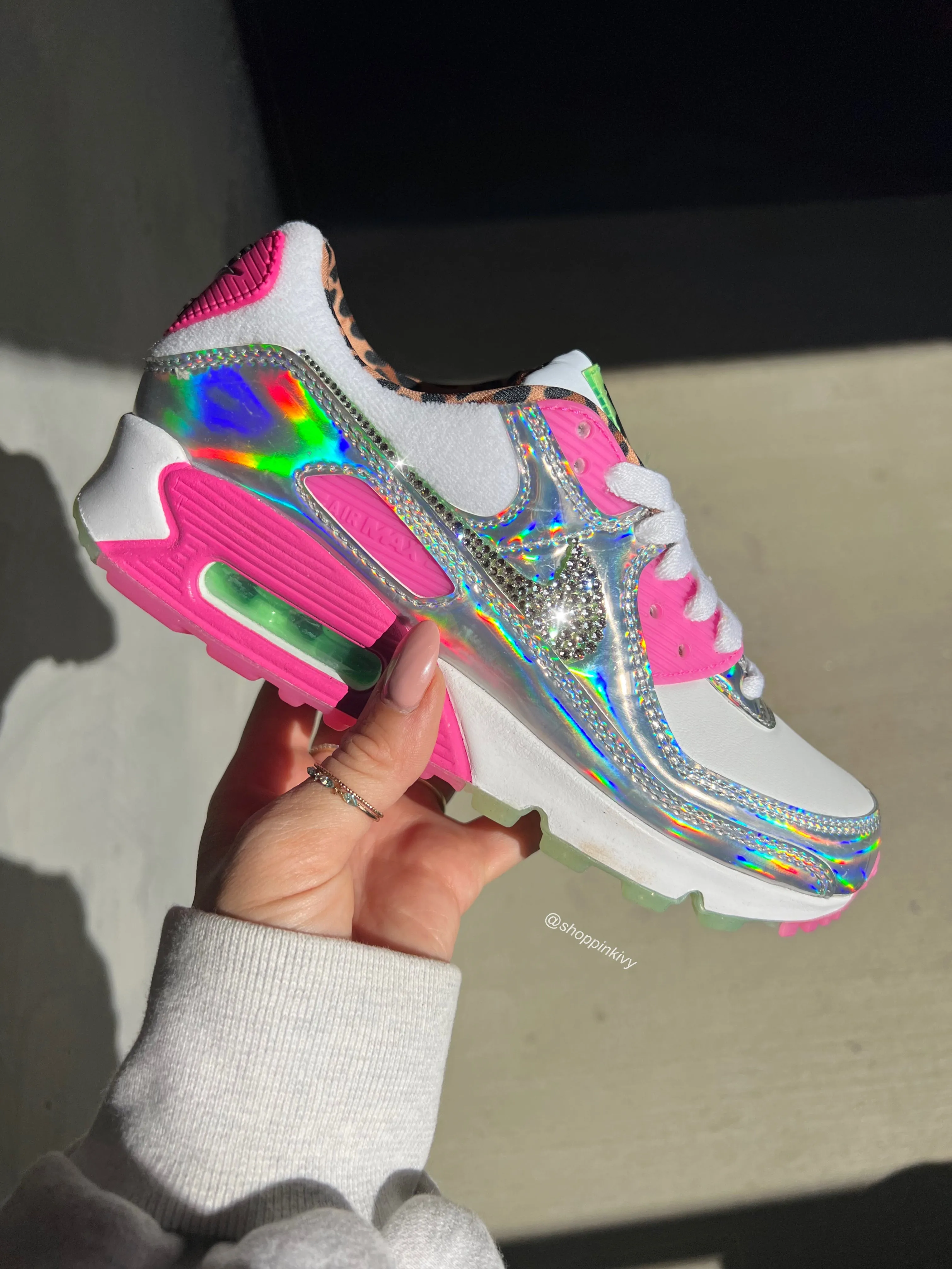 SIZE 6 RARE 70’s Iridescent Leopard Swarovski Womens Nike Air Max 90