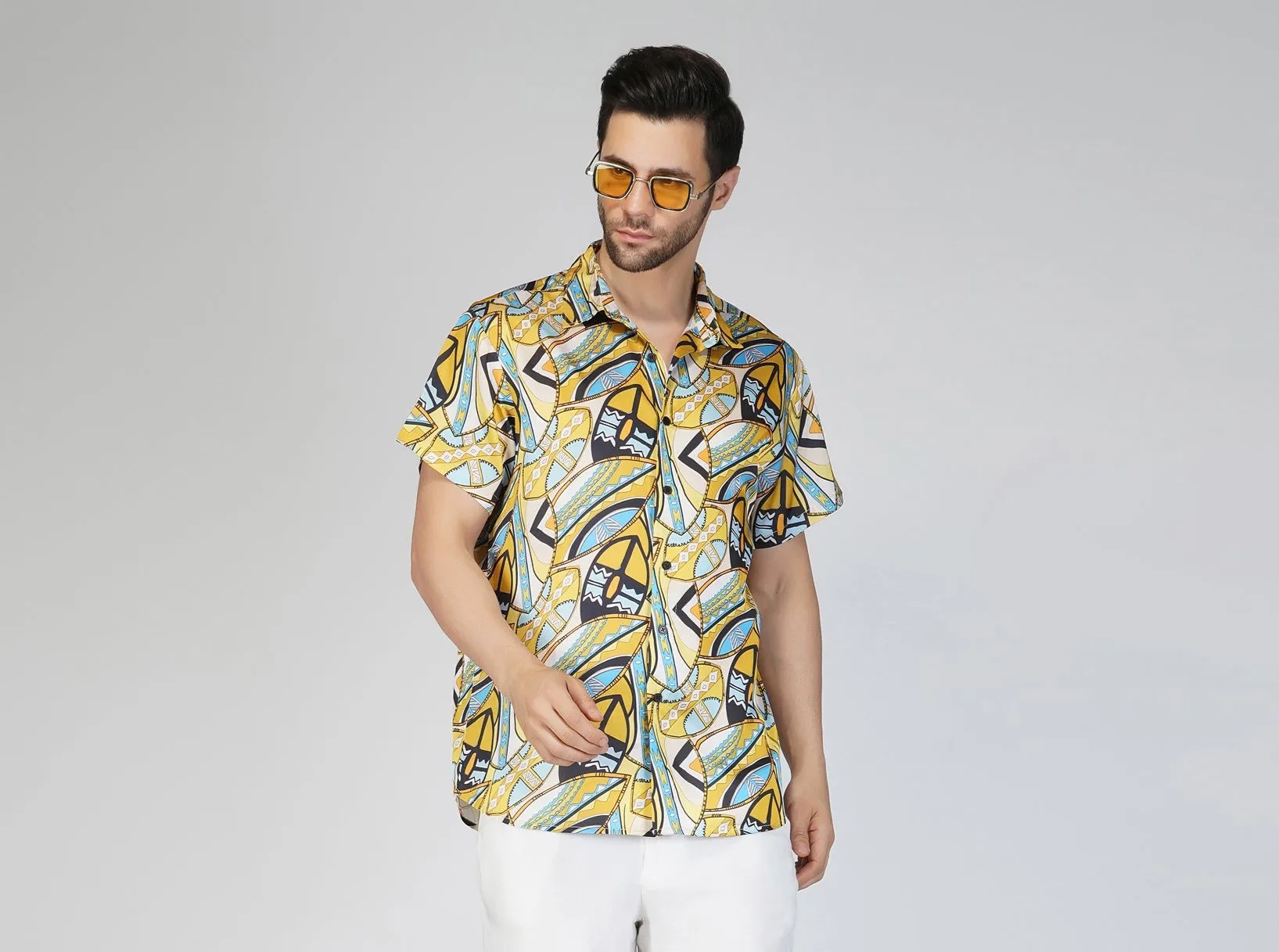 SLAY. Men's Abstract Print Designer Satin Resort Shirt