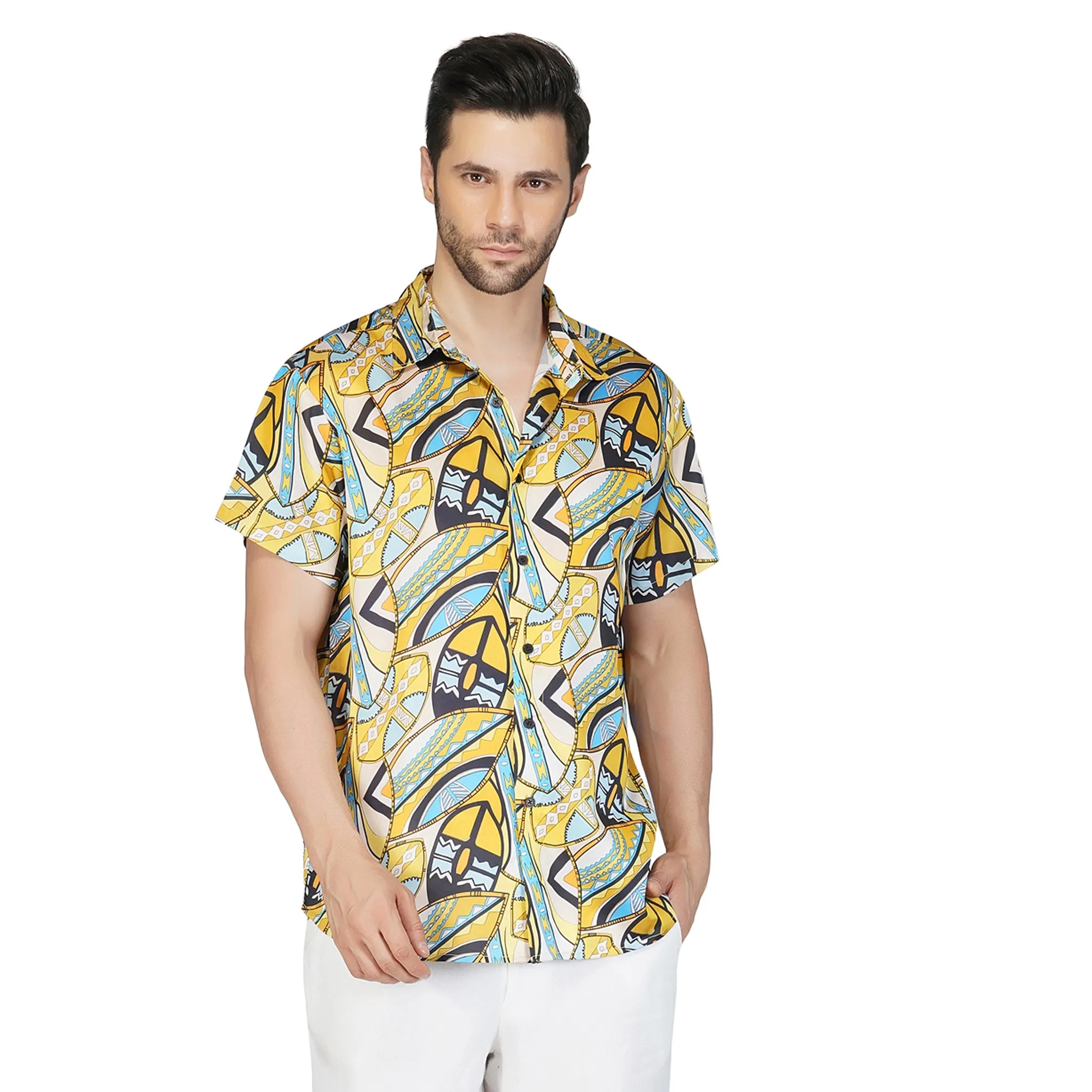 SLAY. Men's Abstract Print Designer Satin Resort Shirt