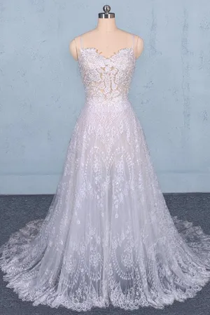 Spaghetti Straps Sweetheart Lace Wedding Dresses, Lace Bridal Dresses with Long Train UQ2284