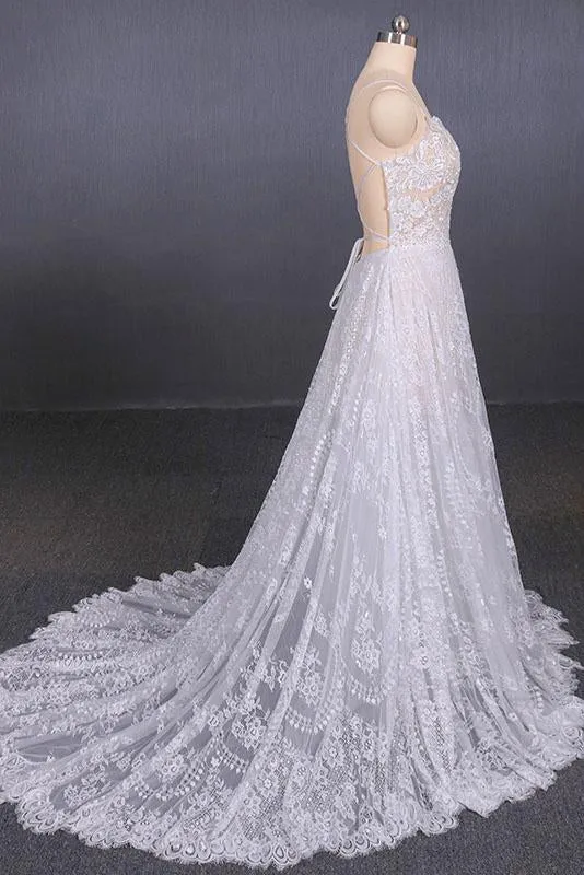 Spaghetti Straps Sweetheart Lace Wedding Dresses, Lace Bridal Dresses with Long Train UQ2284