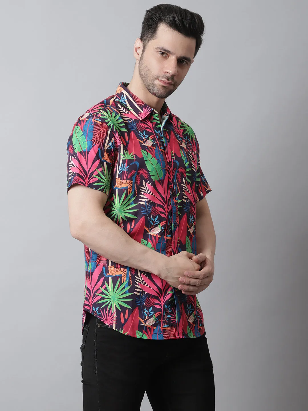 Style Quotient Men Red and Multi Tropical Print Polyester Relaxed Smart Casual  Shirt