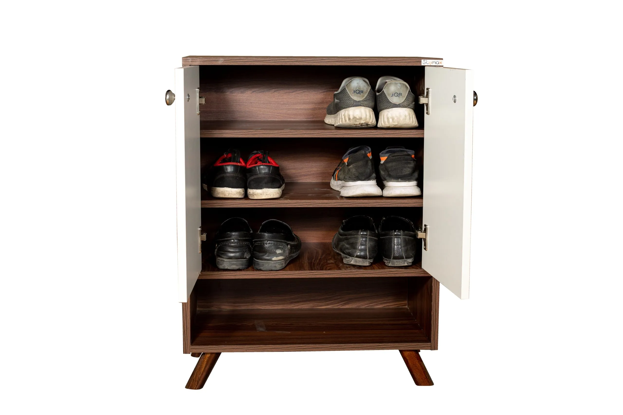 stymax Engineered Wood Shoe Rack for Home with Metal Legs Strong, Sturdy and Stylish Moisture & Termite Resistant 2 Door Shoe Cabinet in Walnut & White Colour