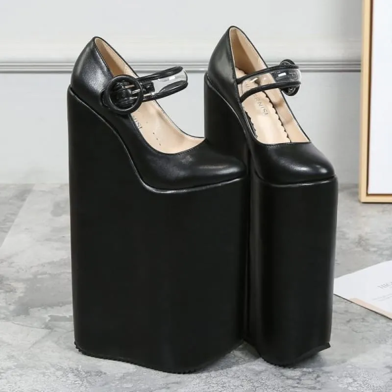 Tall Black Retro Platform Pumps with 30cm High Heel for Women