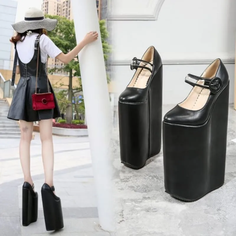 Tall Black Retro Platform Pumps with 30cm High Heel for Women